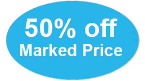 CL11 - 50% off Marked Price, white on light blue, self cling labels.