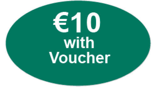 CL17 - €10 with Voucher, white on green self cling labels.