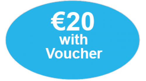 CL18 - €20 with Voucher, white on light blue self cling labels.
