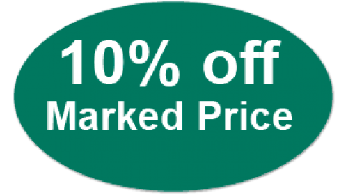 CL33 - 10% off Marked Price, white on green, self cling labels.
