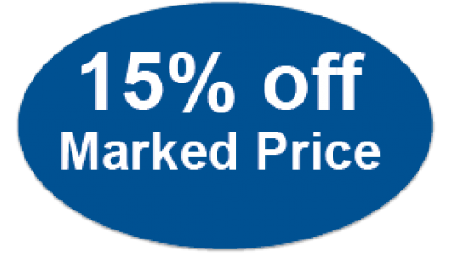 CL34 - 15% off Marked Price, white on dark blue, self cling labels.