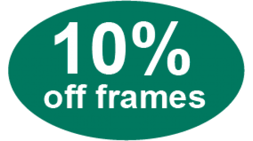 CL47 - 10% off frames, white on green self cling labels.