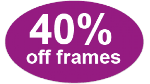CL50 - 40% off frames, white on purple self cling labels.