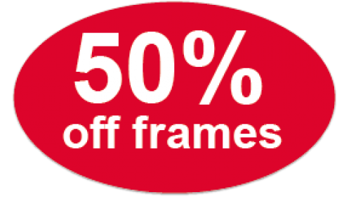 CL51 - 50% off frames, white on red self cling labels.