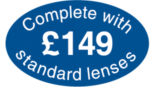 SL149 - Complete with standard lenses £149, white on dark blue.