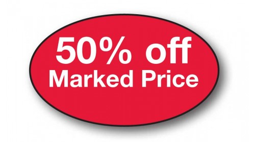 CL2 - 50% off Marked Price, white on red, self cling labels.