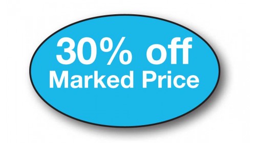 CL36 - 30% off Marked Price, white on light blue self cling labels.